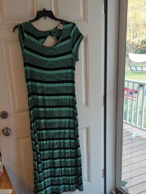Striped Black & Green Maxi Dress with Keyhole Detail